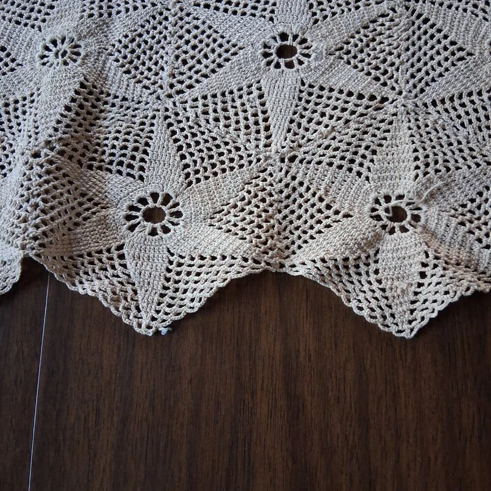 Hand Crocheted Ivory Table Runner • Beige Star Motif • Silk Thread Lace • 64